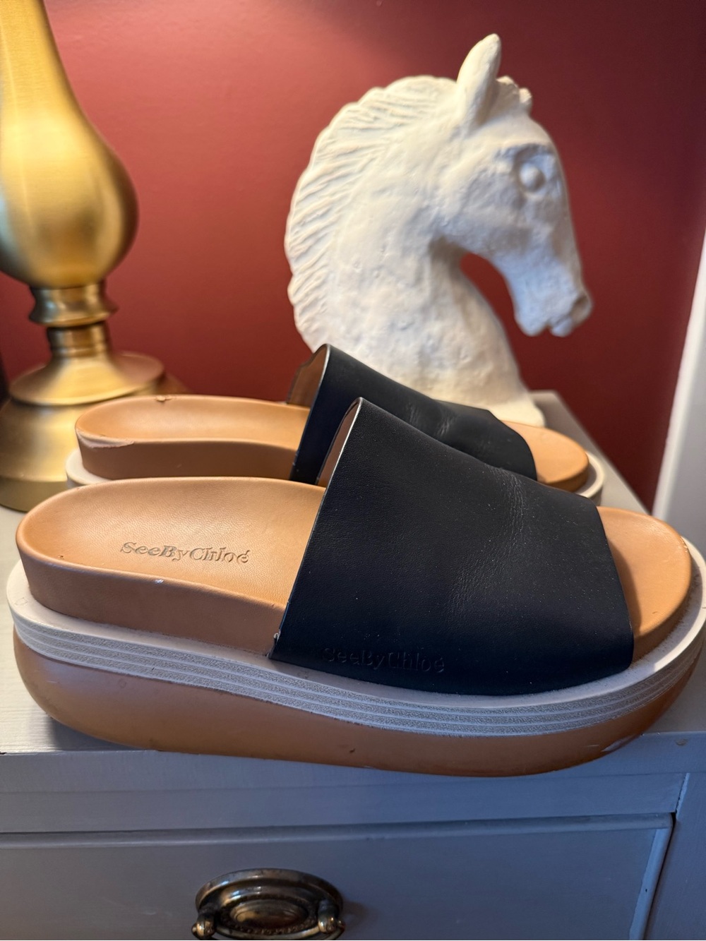 See By Chloe Black Leather Slide Platform Mules